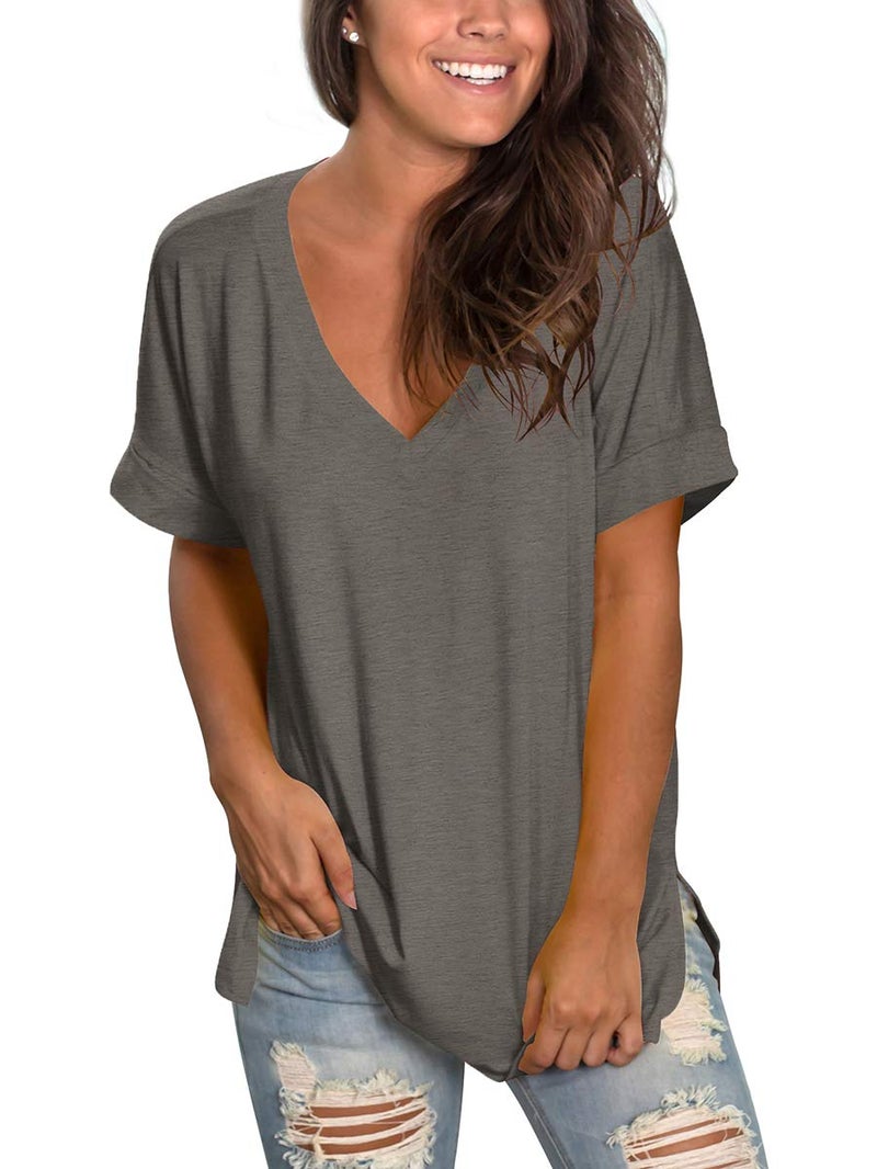 SAMPEEL Womens Short Sleeve Tops Plus Size Casual Tees Summer V Neck T Shirt Dark Gray XXL - Image 1